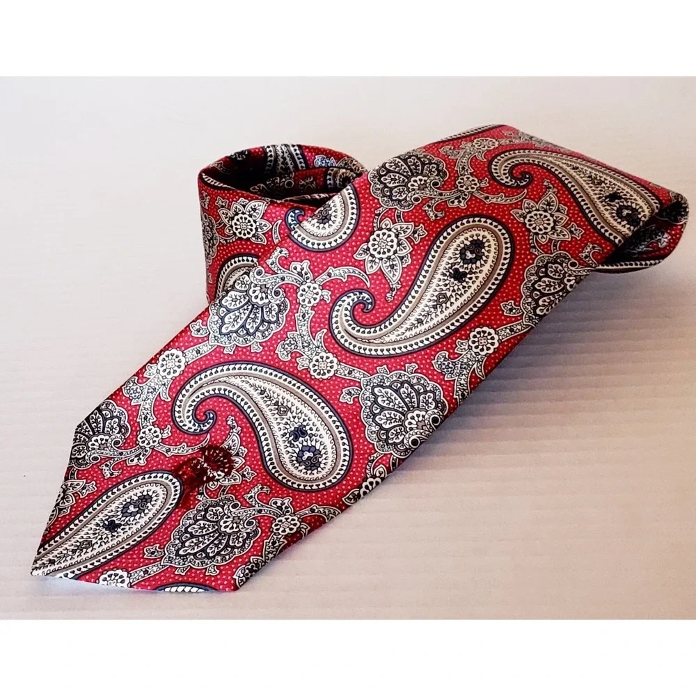 Countess Mara Necktie Sistine Satin Paisley Red Black Ivory Tie Logo Embroidered - Picture 3 of 11